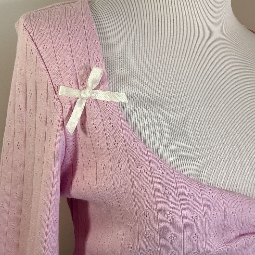 RSQ Long-Sleeve Shirt L Pink Pointelle Bow Coquette Cottagecore Cute BalletCore - Picture 7 of 14